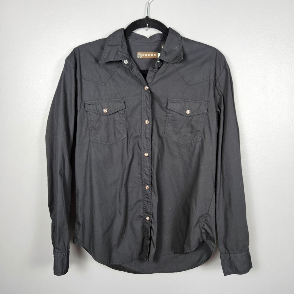 Roper Womens M Western Button‎ Shirt Long Pearl Snap Cowboy Rodeo Ranch Black